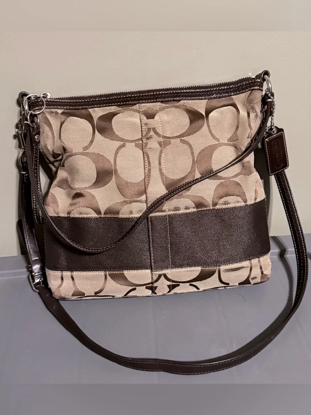 Vintage Coach Beige & Brown Signature Canvas Crossbody Bag